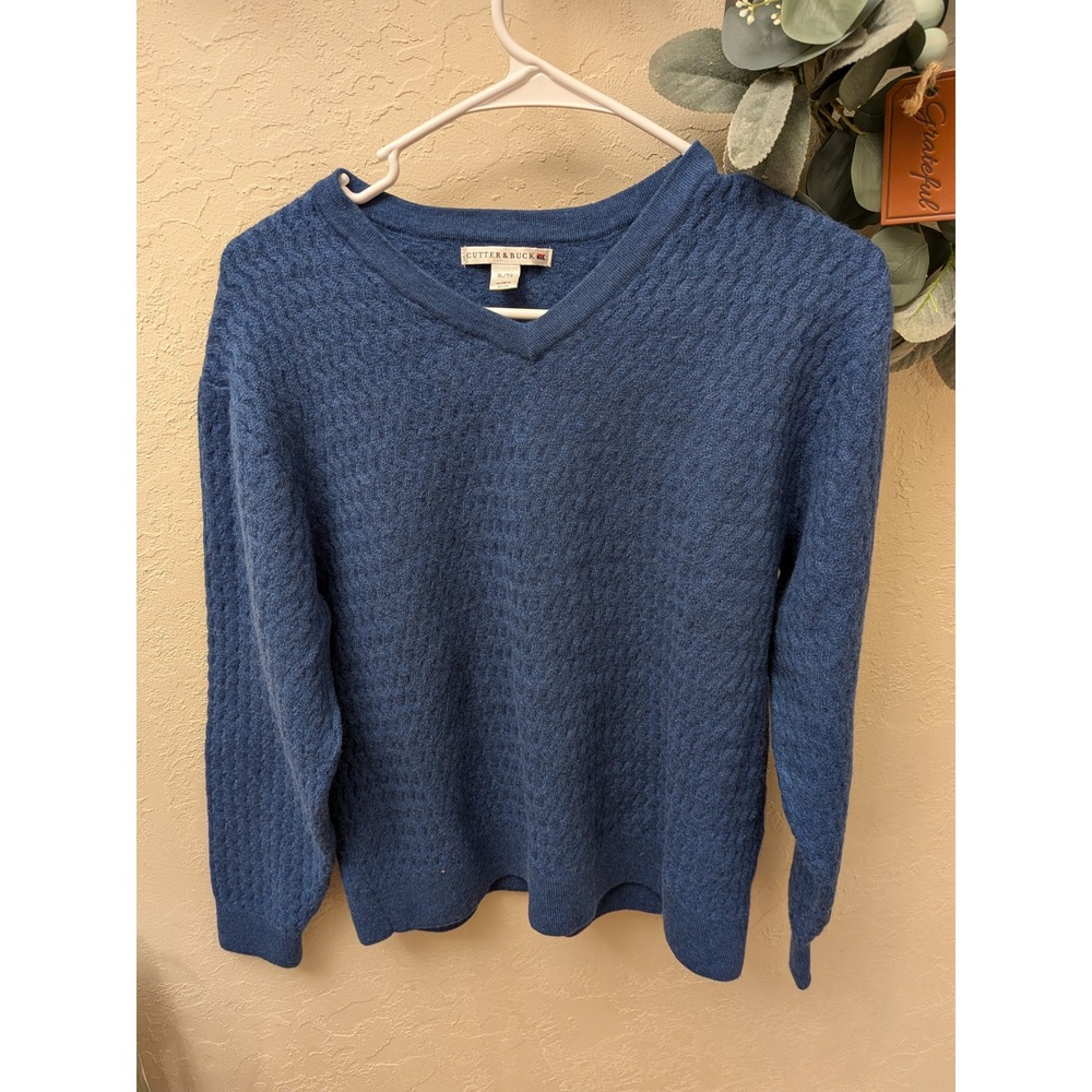 Cutter & Buck Mens XL Blue 100% Merino Wool Textured V-Neck Knit‎ Sweater